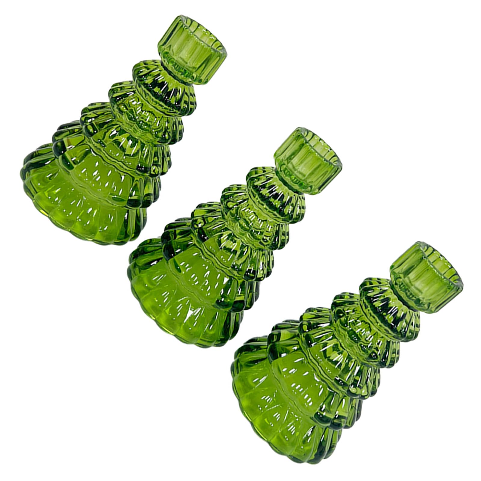 PANGBOER Seasonal Table Decor Holder, Christmas Tree Glass Taper Candlestick Set, 3 Piece Indoor Accent for Console Mantel Entryway Glass Taper Holder Christmas Tree Holiday Table Decor Mantel
