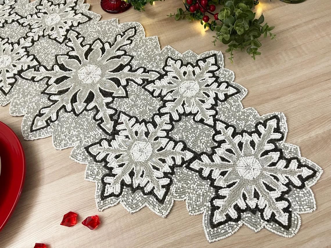 Enliven Handmade Bead Table Runner, Christmas Beaded Runner, Snowflakes, 13x36inch