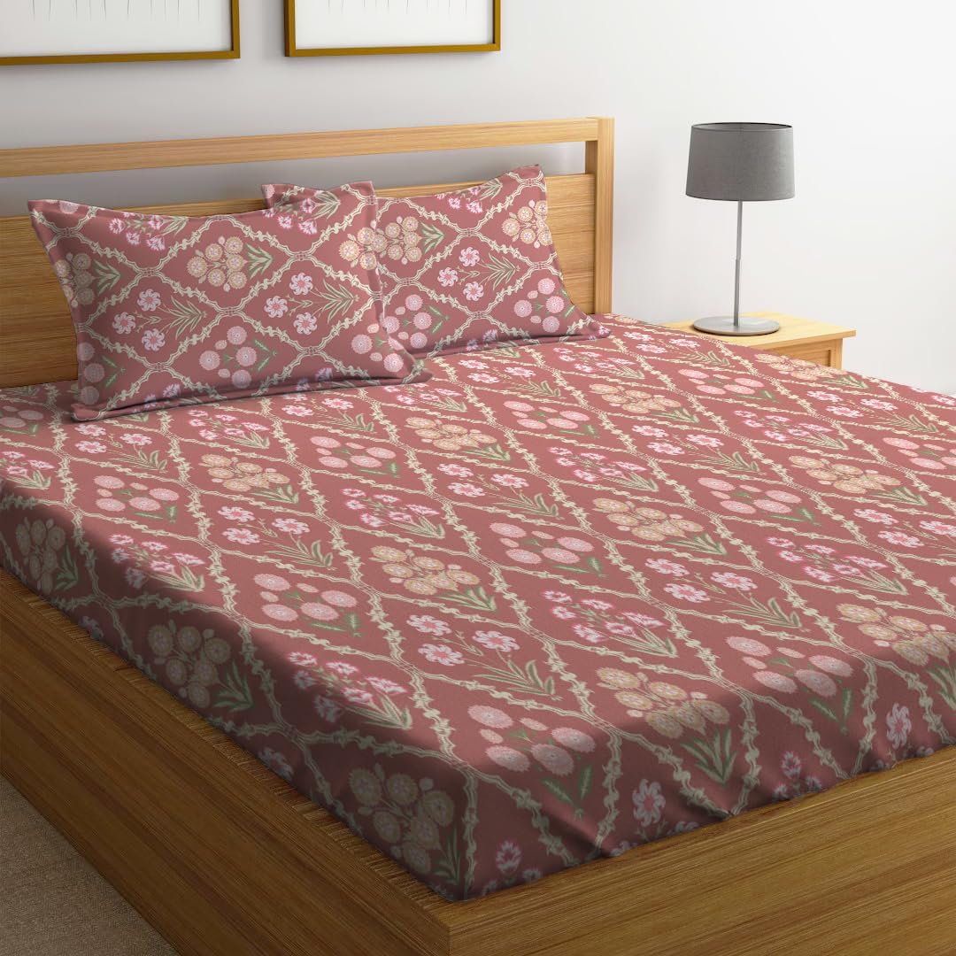LOOMLYFE 300 TC Cotton Feel Glace Cotton Elastic Fitted Printed King Size Double Bed Bedsheet with 2 Pillow Covers Fits Upto 8 inches Mattress, Size- 72X78 Inches, PinkJaipuri
