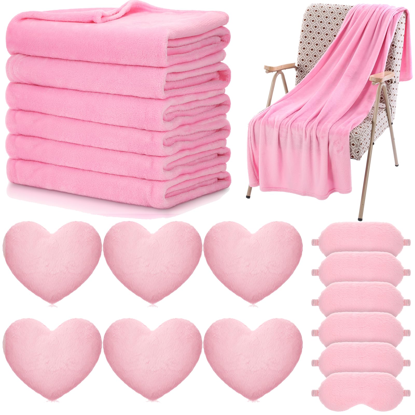 Fanfanwin 18 Pcs Kids Sleepover Party Supplies Set for Girls Fleece Soft Blankets Fluffy Heart Throw Pillow Plush Sleep Eye Mask for Spa Camping