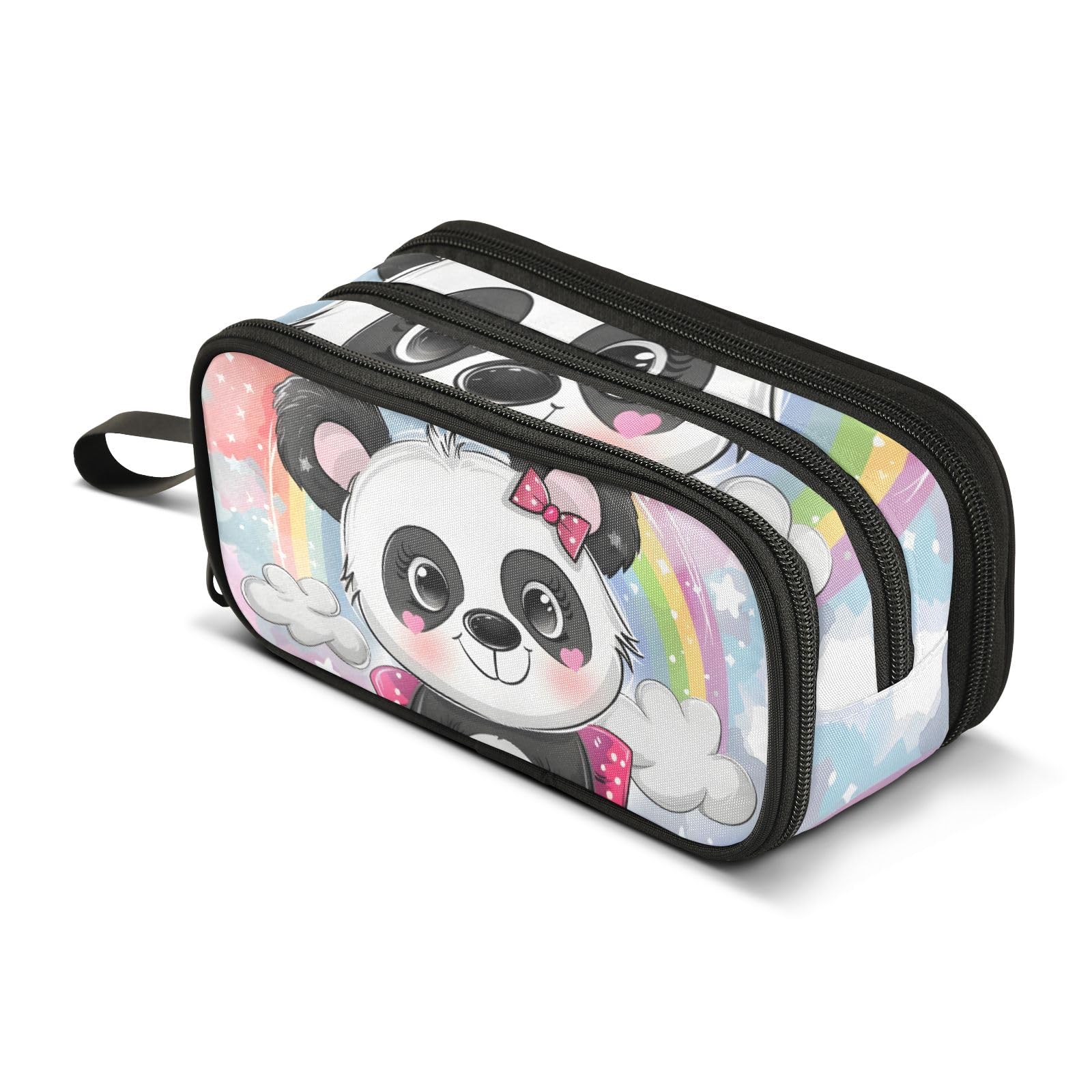 Bonito estuche para lápices de dibujos animados de panda arcoíris, bolsa de gran capacidad para niños y niñas, estuche de 3 compartimentos para estudiantes, organizador de papelería, estuche para la