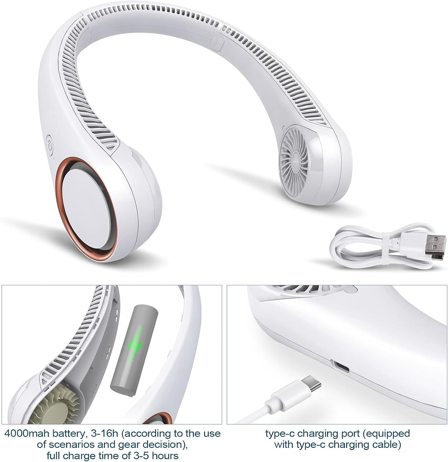 CIVPOWER Portable Neck Fan,Hands Free Bladeless Fan,360°Cooling Personal Fan,3 Speeds Adjustment,78 Air Outlet,Headphone Design,Rechargeable,USB Powered Neck Fan for Outdoor Indoor-White : Home & Kitchen