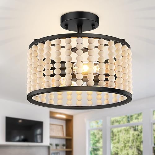 Miniatura 9 de Lámpara bohemia de granja  Candelabro de cuentas de madera, lámpara de techo rústica semiempotrada, lámpara de 2 luces negra para cuarto de bebé,