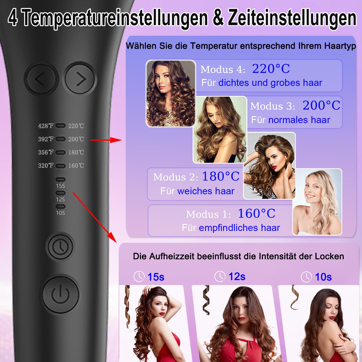 Lockenstab Automatisch, 4 Temperatureinstellungen für Alle Haartypen, 3 Heizzeiten für Vielfältiges Styling, Professioneller Styling Lockenstab (tiefes Schwarz)