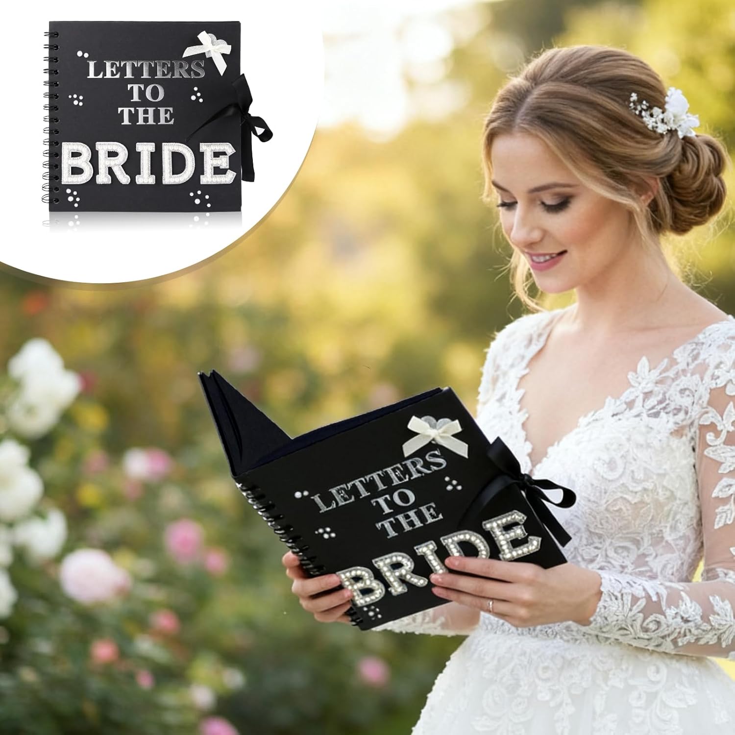 8 x 8 Inch Letters to The Bride Scrapbook Wedding Scrap Book Letters To The Bride Book Bridal DIY Blank Paper Scrapbook Photo Album with Pearl Stickers, Metallic Letters, Bows(Black) - Image 6