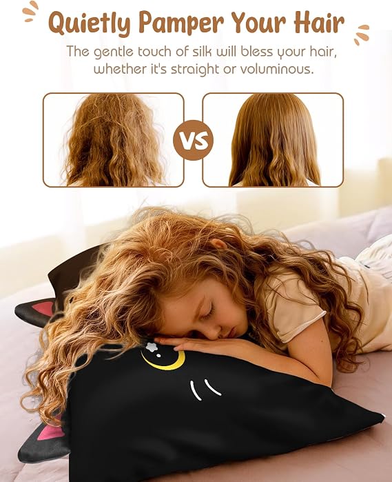 Miss Adola Toddler Pillowcases 13x18 for Kids - Cute Cartoon Soft Breathable Silk Pillow Cases for Hair and Skin with Hidden Zipper for Girls Fun Kawaii Design for Bedding, Black Cat