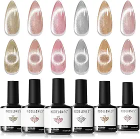 Modelones Conjunto de esmaltes em gel olho de gato - 6 cores holográficas com ímã (inclui rosa nude Galaxy Sparkle), efeito glitter magnético, kit LED Soak Off para nail art - Presente profissional para salão ou uso pessoal