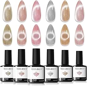 Modelones Conjunto de esmaltes em gel olho de gato - 6 cores holográficas com ímã (inclui rosa nude Galaxy Sparkle), efeito glitter magnético, kit LED Soak Off para nail art - Presente profissional para salão ou uso pessoal