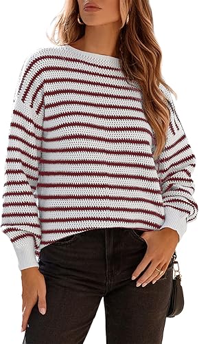 Dokotoo Suéteres para mujer, cuello redondo, manga larga, a rayas, bloque de color, suelto, suéter de punto