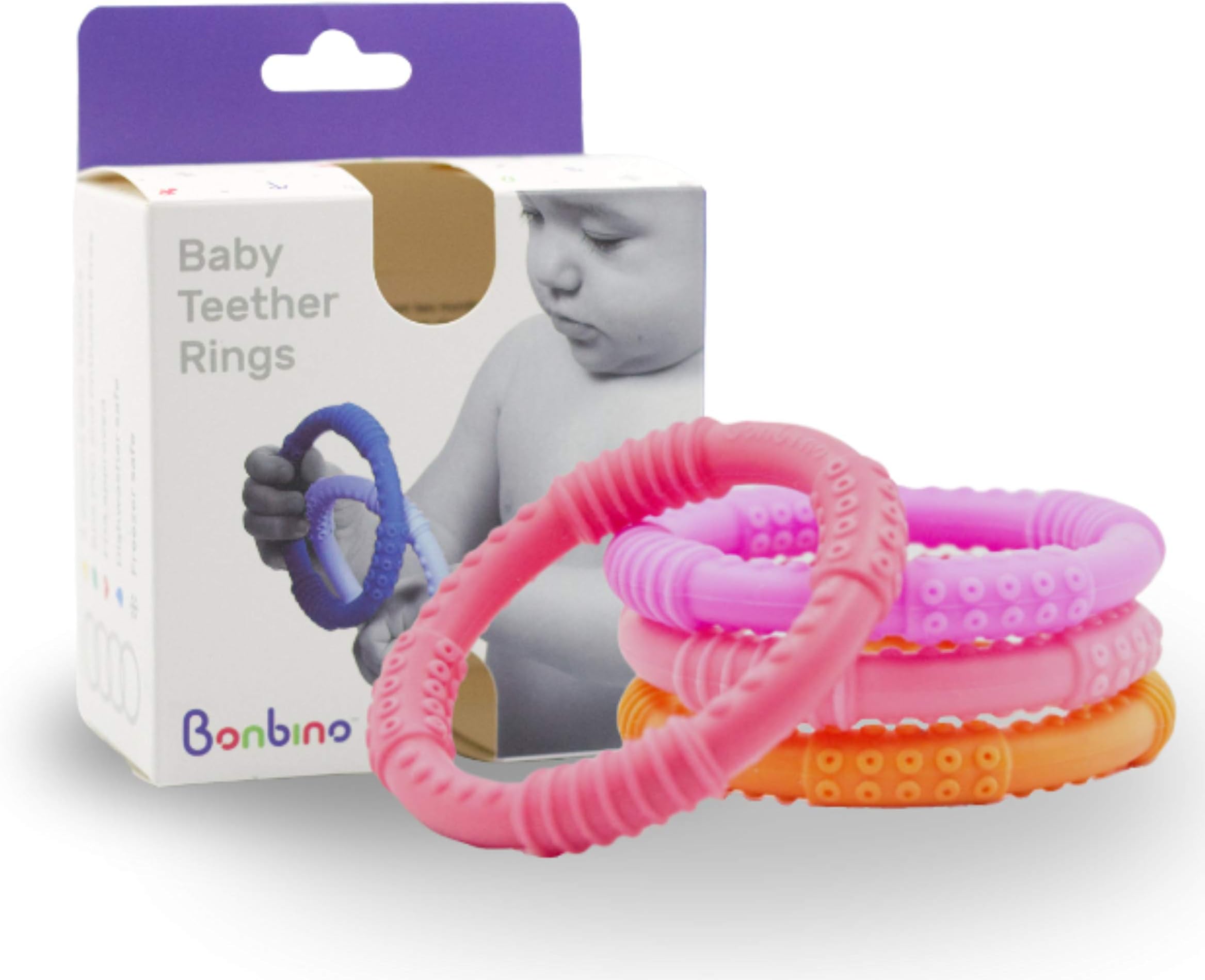 Bonbino™ Teether Rings - (4 Pack) Silicone Sensory Teething Rings - Soothes Baby Gum Pain! (Pinks and Oranges)