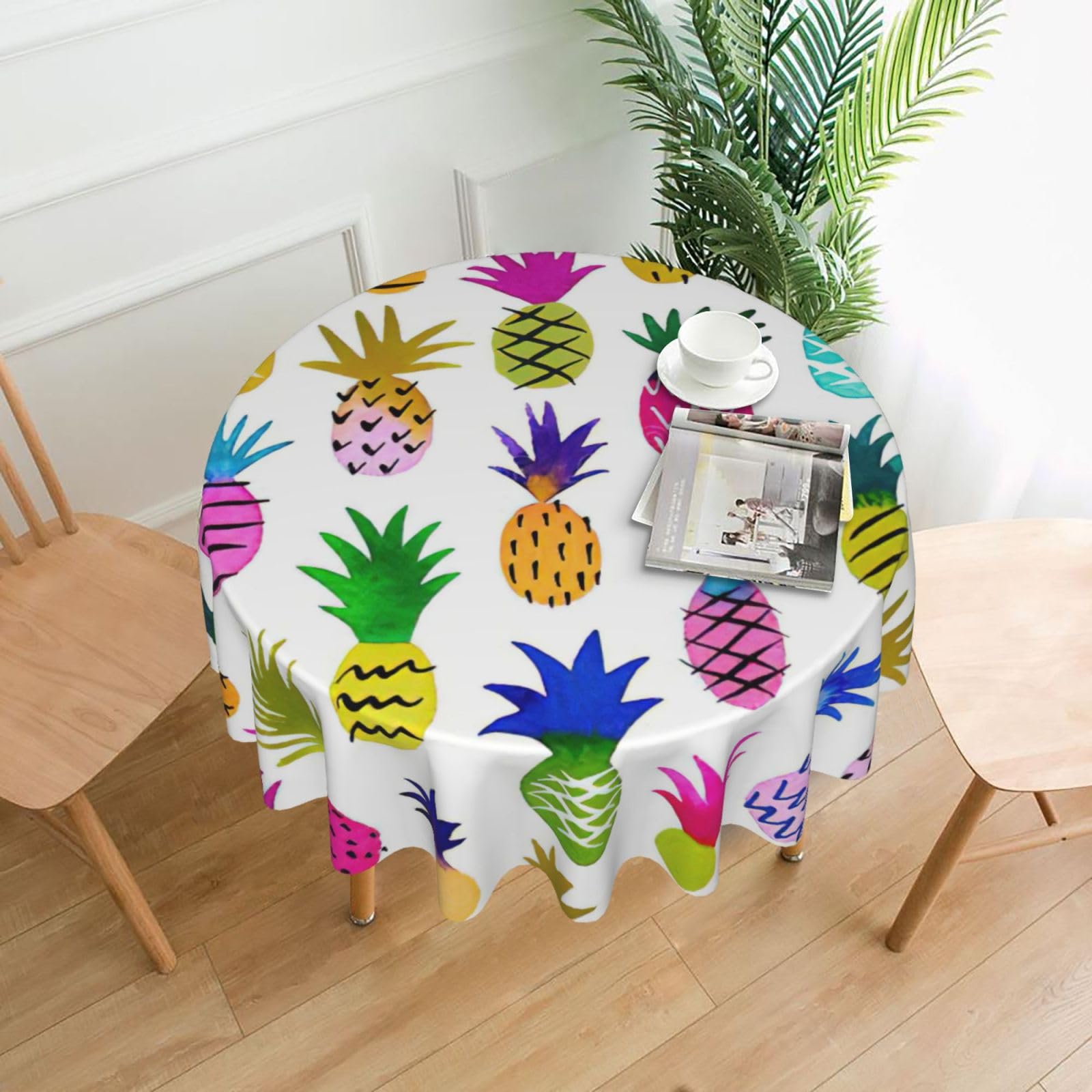OXbnmm Colorful Pineapple Print Soft Round Tablecloth 60in Polyester Washable Cover Cozy Gift for Mom Housewarming