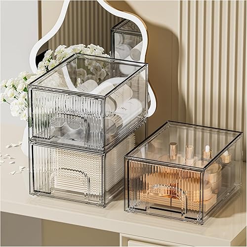 Miniatura 3 de COMVTUPY Paquete de 3 organizadores de maquillaje, caja de almacenamiento de cosméticos de acrílico transparente con cajones para cuidado de la