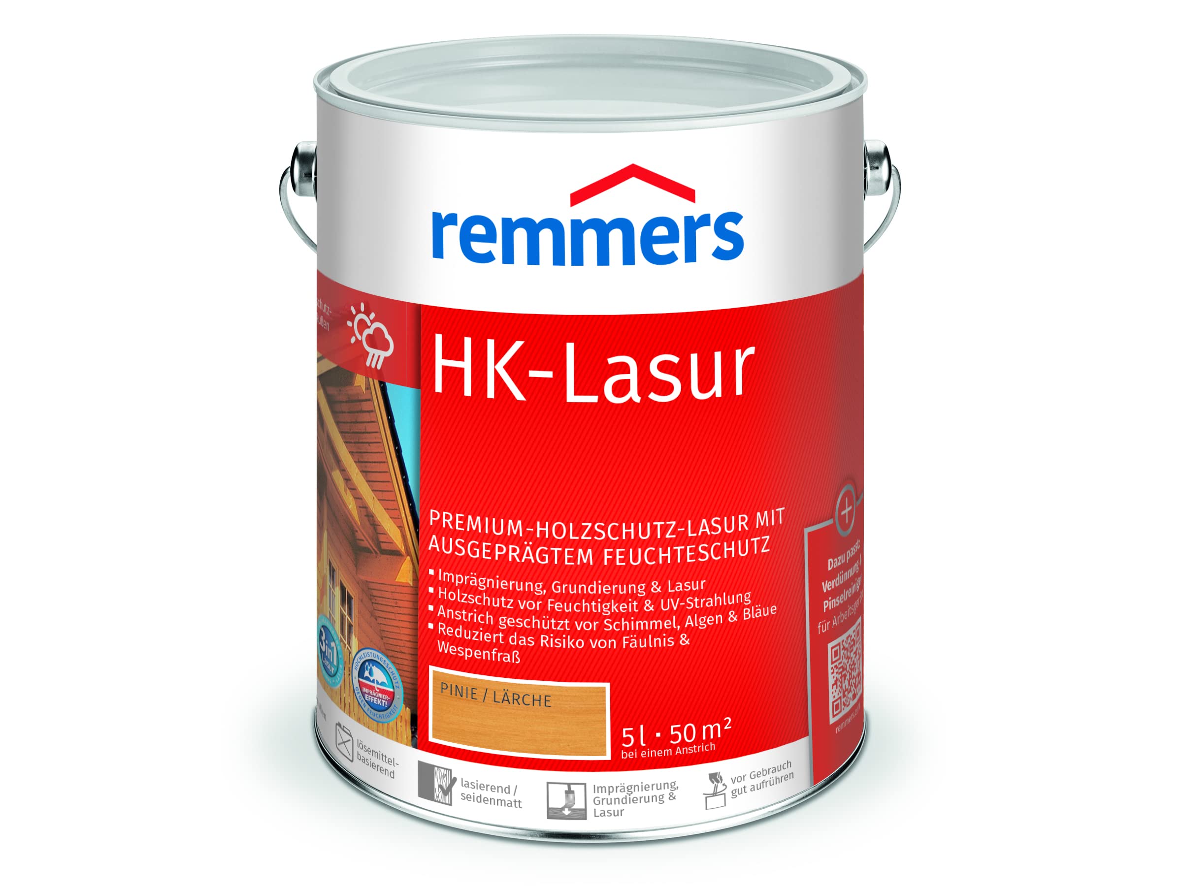 Remmers HK-Lasur 3in1 pinie/lärche, 5 Liter, Holzlasur aussen, 3n1: Imprägnierung, Grundierung & Lasur, Holzschutz vor Feuchtigkeit & UV-Strahlung