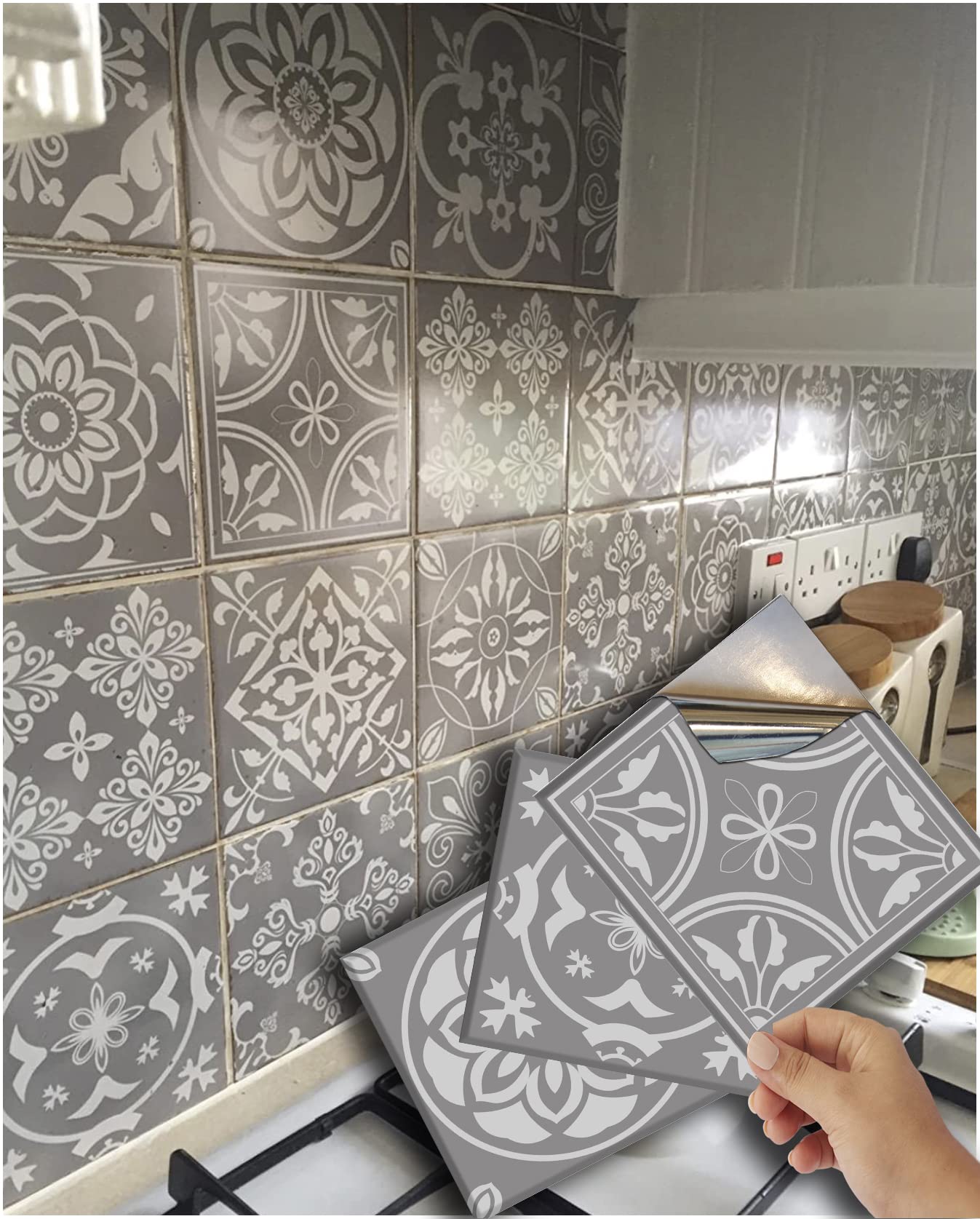 48 Grey Tile Stickers 4x4 Victorian Mosaic Transfers for Tile Kitchen Bathroom Stick On Wall Peel N Stick Tile Stickers Decals Transfers. (4" - 48 Stickers)