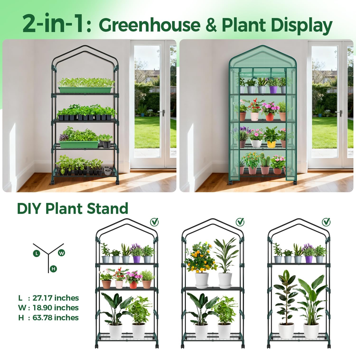 Ohuhu Small Greenhouse for Indoor Outdoor with Wheel, Portable Plastic Plant Green House 4-Tier Rack Stand Portable Greenhouses with Durable PE Cover for Seedling