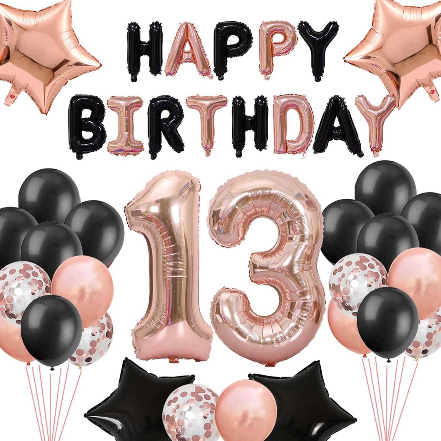13th Birthday Decorations for Girls, Black Rose Gold 13th Birthday Banner Number 13 Star Foil Balloons 13th Birthday Latex Confetti Balloon for Teenager Girl Her 12 Years Old Birthday Party(13th)