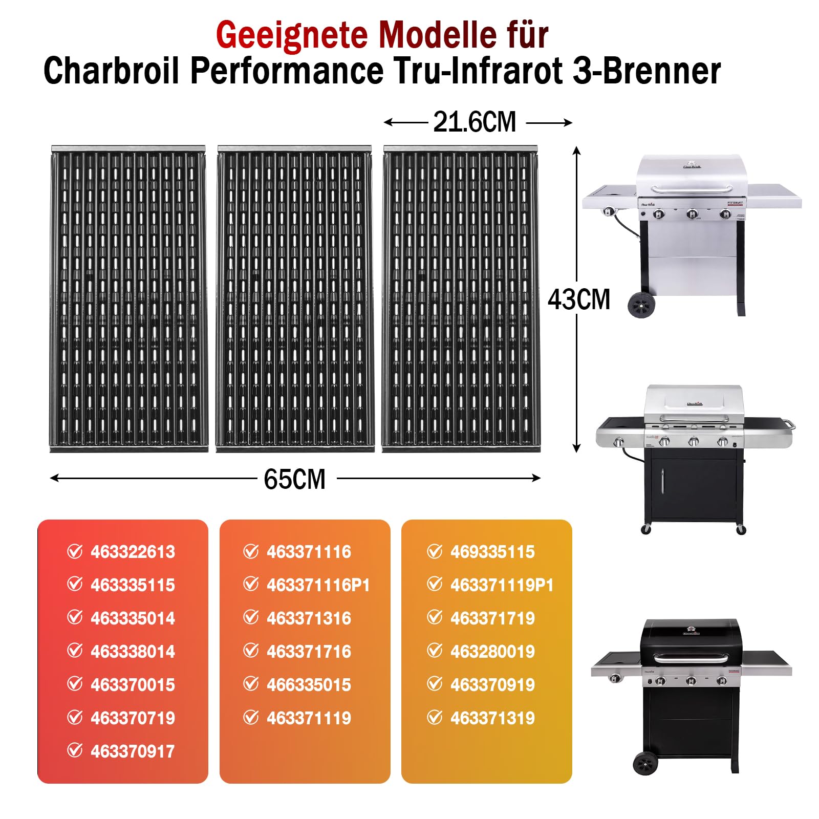 Charbroil Grillrost 43,2cm für Performance TRU Infrared 3 Brenner 450 Gasgrill, 3er Set Porzellan-Stahl Ersatzroste