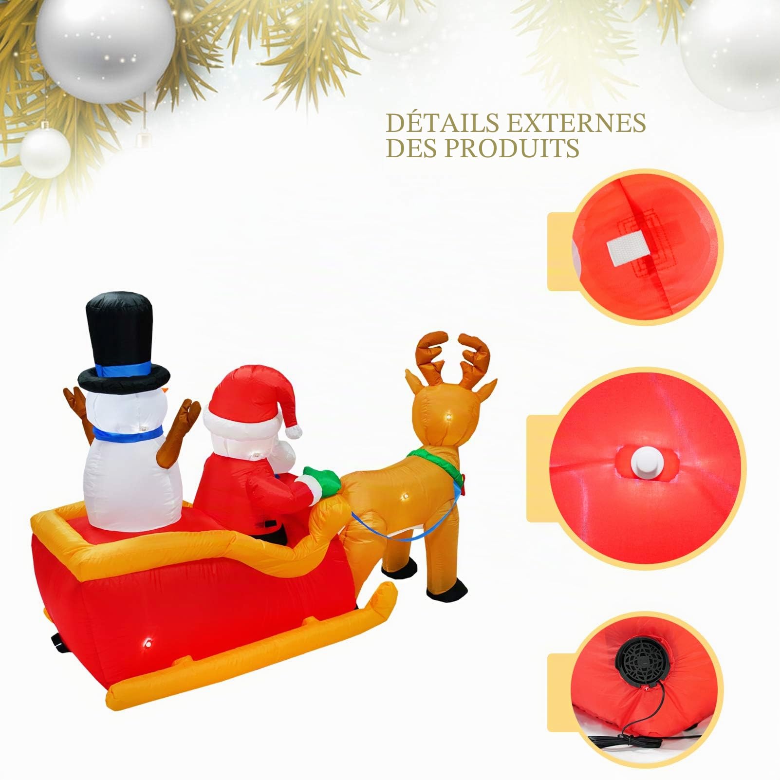Père Noël Gonflable de 2 m de Long - Cadeau de Noël avec Bonhomme de Neige - pour décoration de Noël