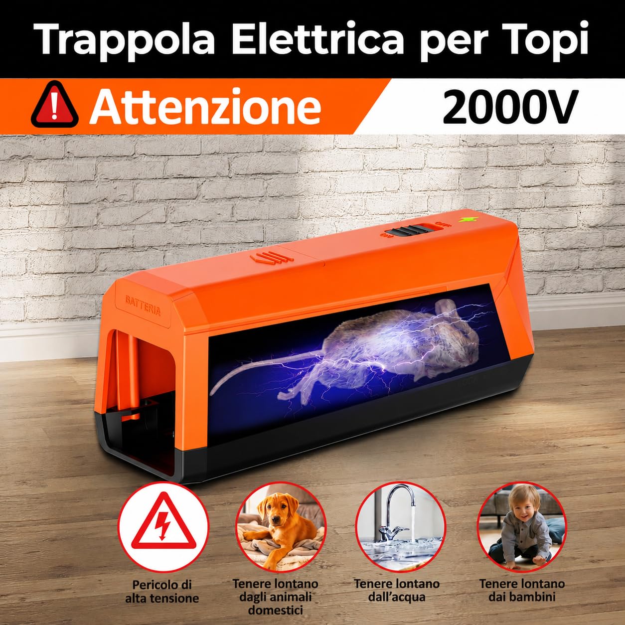 Trampas Eléctrica para Ratones a Pilas, Voltaje Potente de 2000V para Matar Ratas al Instante, Adecuada para Cocina, Almacén, Ático, Eficaz para Ratones Pequeños (Naranja)