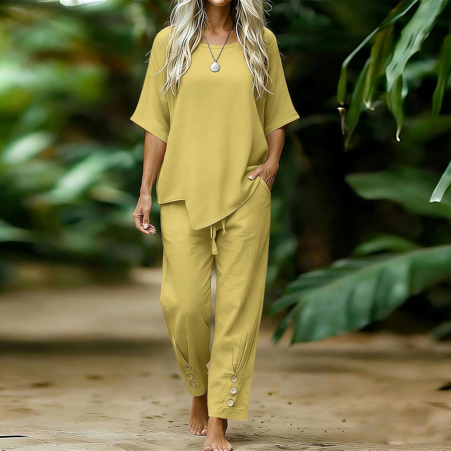 Womens Lounge Sets 2 Piece Linen Sets Summer Half Sleeve Tops with Asymmetrical Hem Straight Leg Pants Casual Outfits