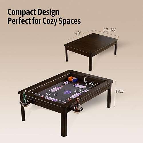 Miniatura 5 de Mesa de juego de mesa de madera maciza con mesa extraíble para 4 a 6 jugadores, mesa de juegos y comedor, incluye alfombrilla de juego y portavasos