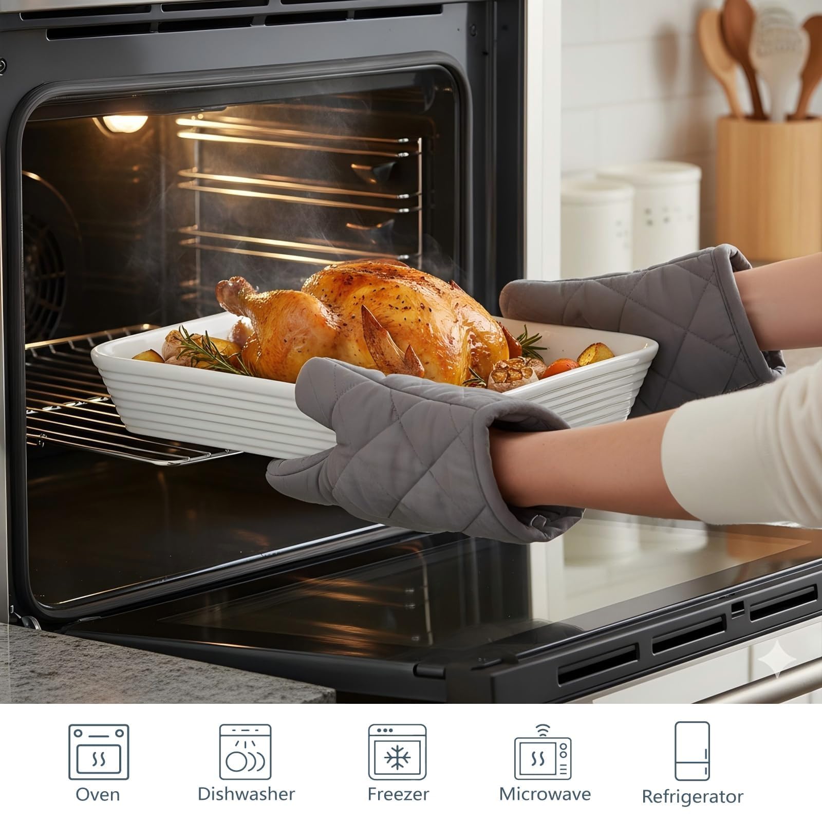 ONEMORE Set di 3 Pirofile in Ceramica con Griglia | Teglie Rettangolari per Forno | Ideali per Lasagne, Tiramisù, Sformati e Gratinati | 3 Dimensioni: 2,8L, 2L, 1,2L