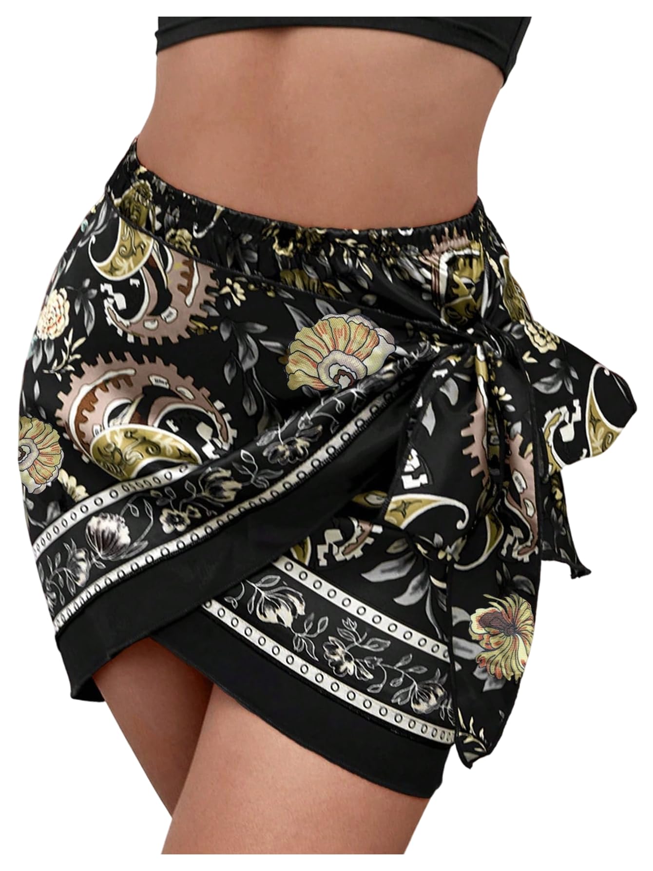 Floerns Womens Plus Size Casual Slit Skirt Elastic High Waisted Boho Paisley Print Tie Side Wrap Going Out