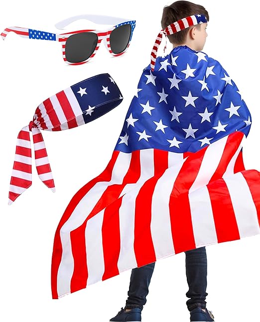 BleSky 250 Year Kids American Flag Costume Cape, 4th of July American Flag Patriotic Independence Day Holiday Costumes Celebration Patriotic Party Accessories