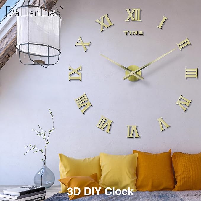 Reloj de Pared DIY 3D Grande Sin Marco Números Romanos Dorado miniatura 2
