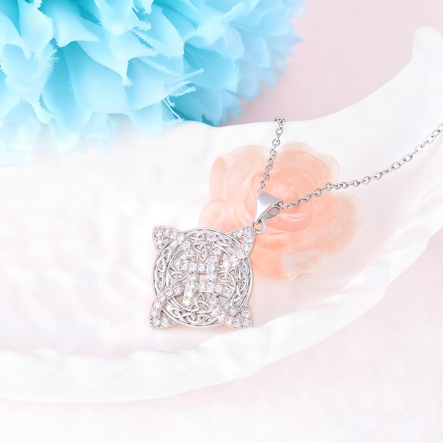 Celtic Knot Necklace S925 Sterling Silver Cubic Zirconia Vintage Irish Witches Knot Pendant Necklace Witchy Nudo de Bruja Plata Irish Wiccan Cross Jewelry Gift for Women Men Christmas Birthday - Image 2