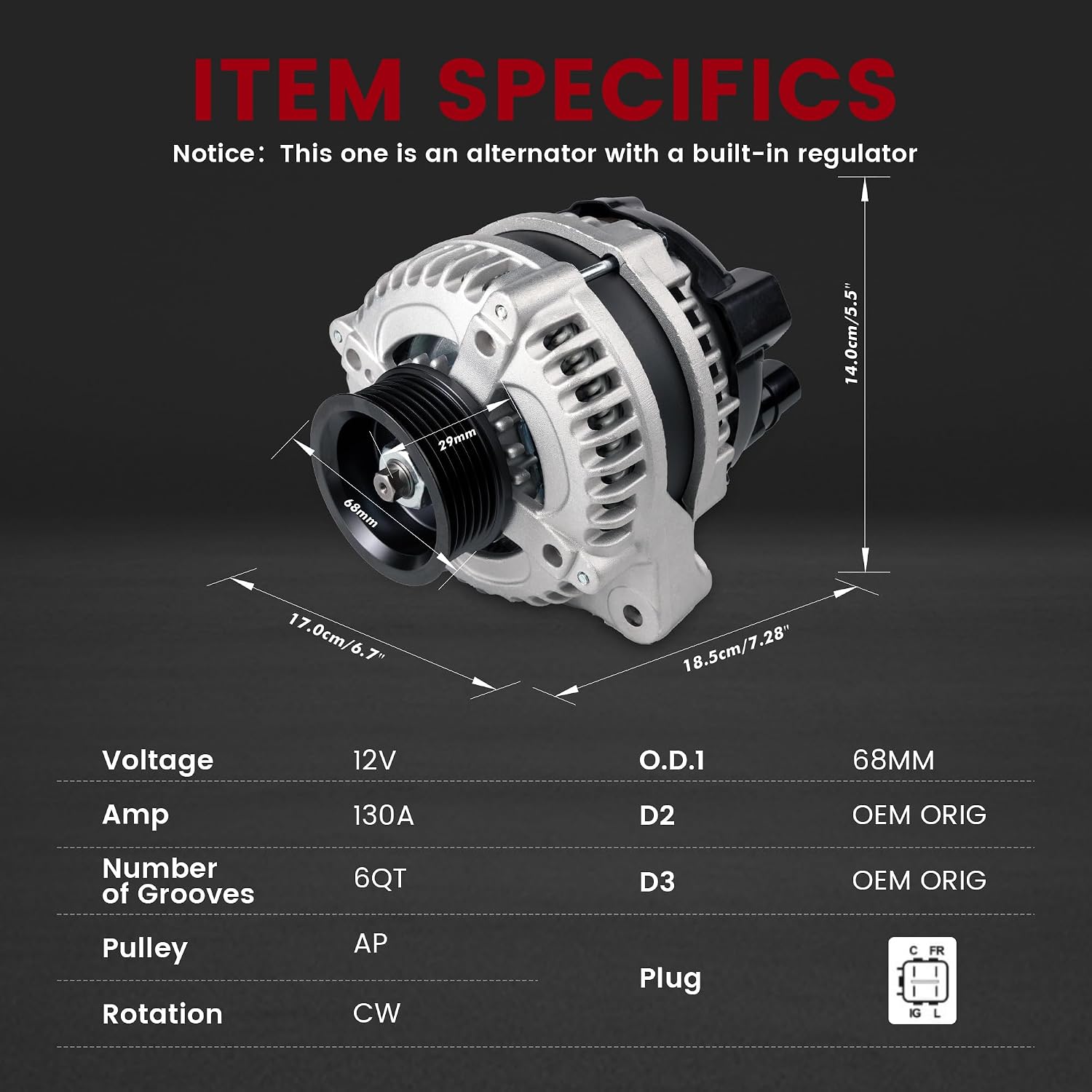 Alternator for-Honda Odyssey 2002 2003 2004,Pilot 2003 2004,for-Acura MDX 2001 2002 V6 3.5L, OE Replacement#31100-PGK-A01,13918N,130Amp 12V CW 6-Groove Pulley