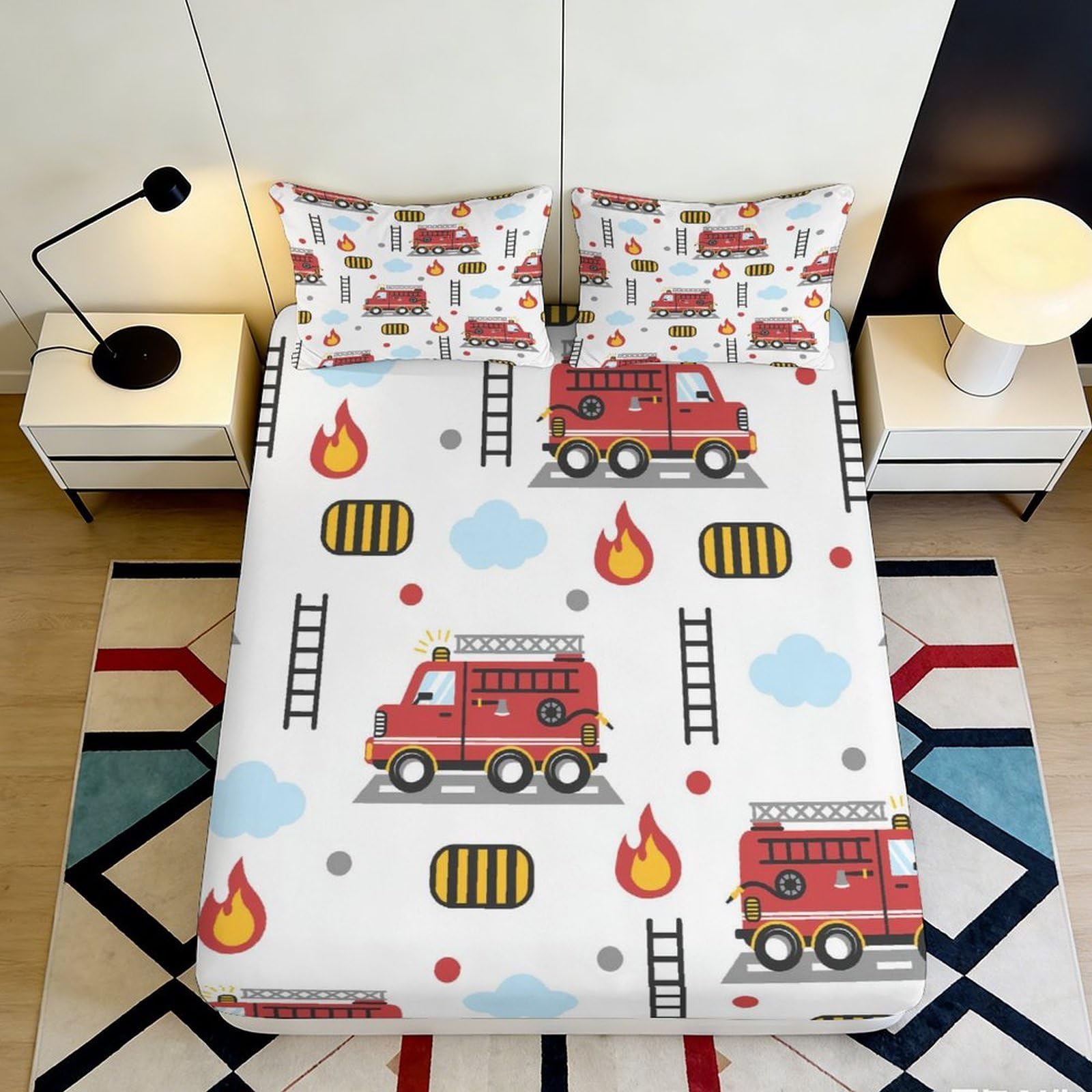 3D Printed Fire Truck Fitted Sheet Microfiber Red Cartoon Flame Bed Sheet for Bedroom Guest Room Mattress Protection Decor 90x200x25cm