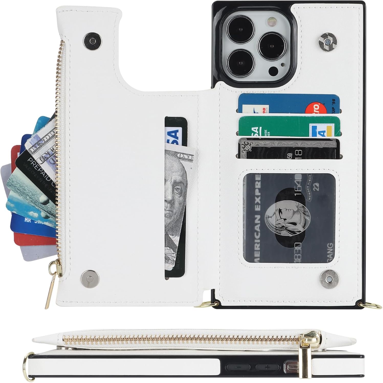 Bocasal Crossbody Wallet Case for iPhone 13 Pro Max with RFID Blocking Card Slot Holder, Magnetic Flip Folio Purse Case, PU Leather Zipper Handbag with Detachable Lanyard Strap 6.7 Inch 5G (White)