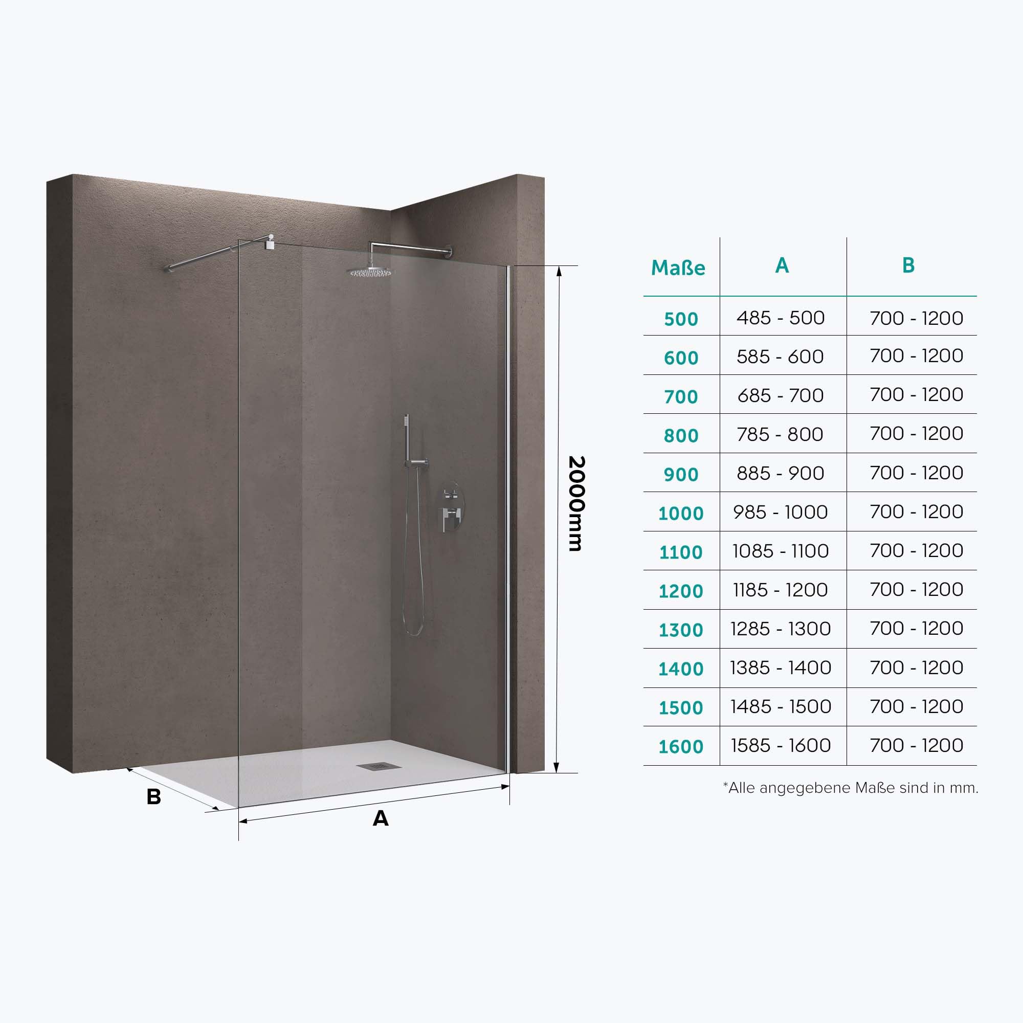doporro Luxus Duschwand für Dusche Duschabtrennung 110x200cm Walk-In Dusche 10mm ESG-Sicherheitsglas Klarglas inkl. Nanobeschichtung Bremen02K