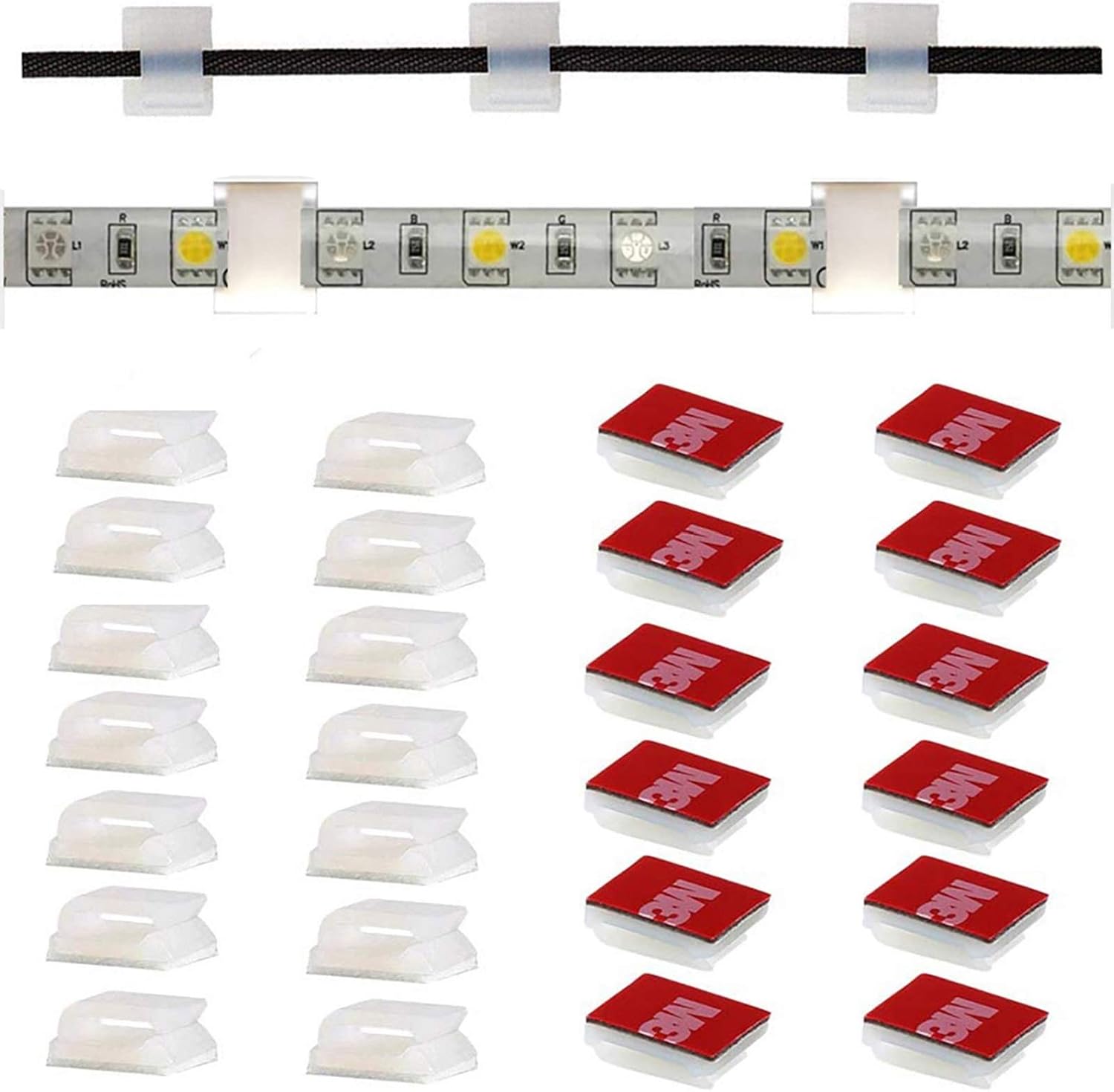 PEKET Adhesive LED Strip Light Holders Clips,Strip Light Mounting Bracket,Cable Clamp Buckles, for 8mm,10mm,12mm Wire Arranger, Vehicle,Office,Home and Camp,100-Pack