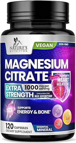 Citrato de magnesio extra fuerte 1000 mg  Quelado para una máxima absorción, suplemento de magnesio para la salud muscular, nervios, huesos y