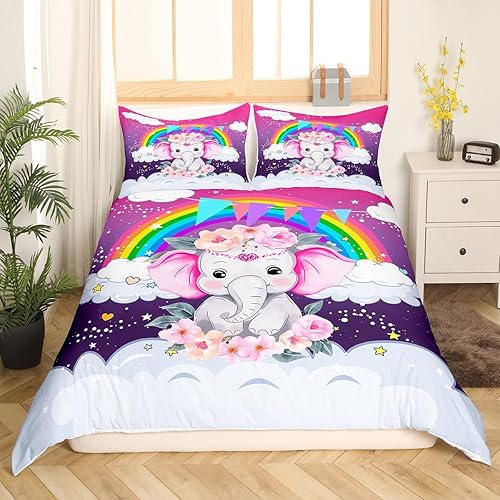 Miniatura 3 de Erosebridal Funda de edredón arcoíris para niños y niñas, bonito juego de ropa de cama de elefante, tamaño individual, funda de edredón de animales