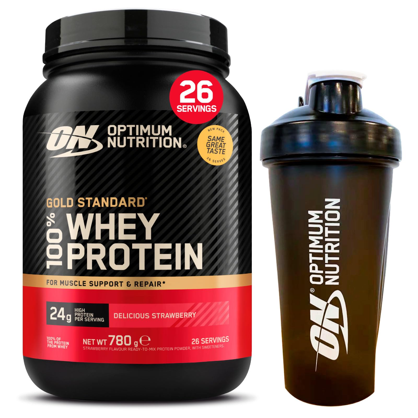 Optimum Nutrition Gold Standard 100% Whey Protéines en poudre avec acides aminés Fraise 780g 26 portions + Shaker