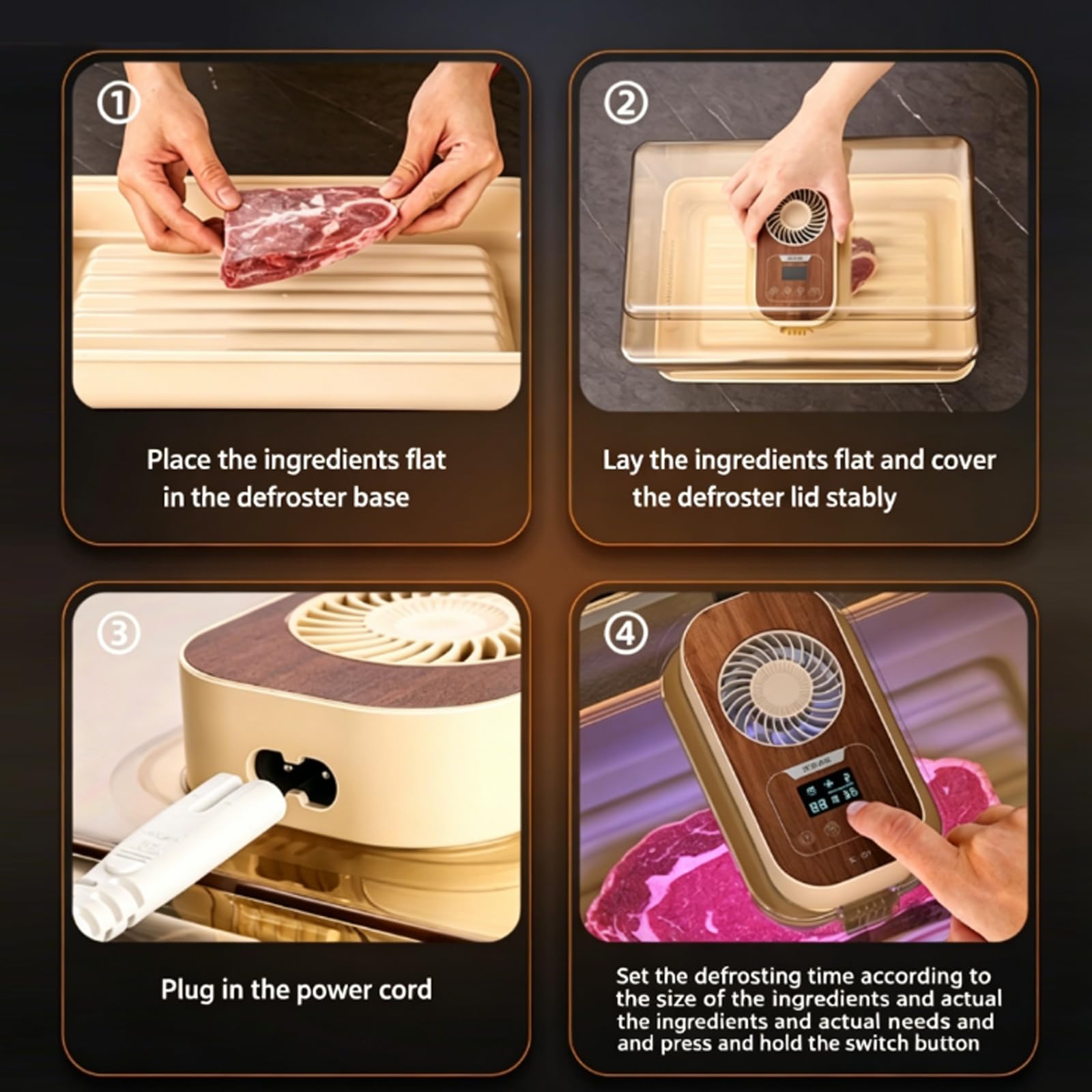 Vassoio per scongelare carne con coperchio, temperatura e velocità del vento regolabili, circolazione dell'aria calda a 360°, adatto per scongelare cibi surgelati e bistecche, efficiente scatola di