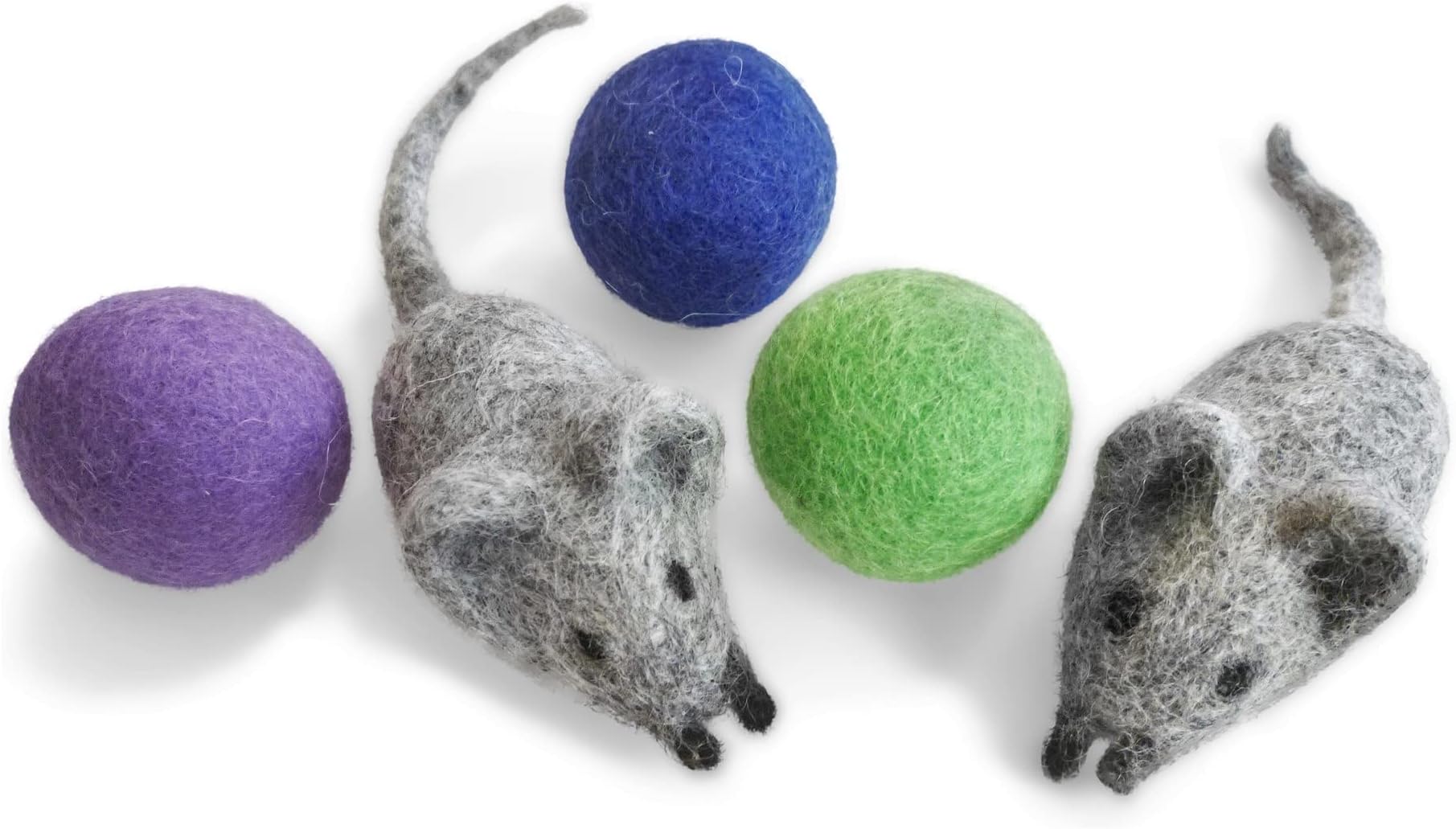 Felt Wool Ball and Mouse Toys for Cats and Kittens, Adorable Colorful Soft Quiet Fabric Balls, Without Catnip, Handmade - for Cat Lovers, 2 Mice 3 Balls
