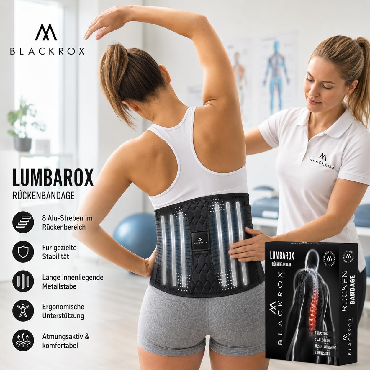 BLACKROX Rückenbandage Lendenwirbelstütze LUMBAROX Gürtel Stützgürtel Lendenwirbel Rücken Gurt für Männer und Frauen Stabilisierung rücken geradehalter Rückengurt Rückenstützgürtel (XL, Schwarz)