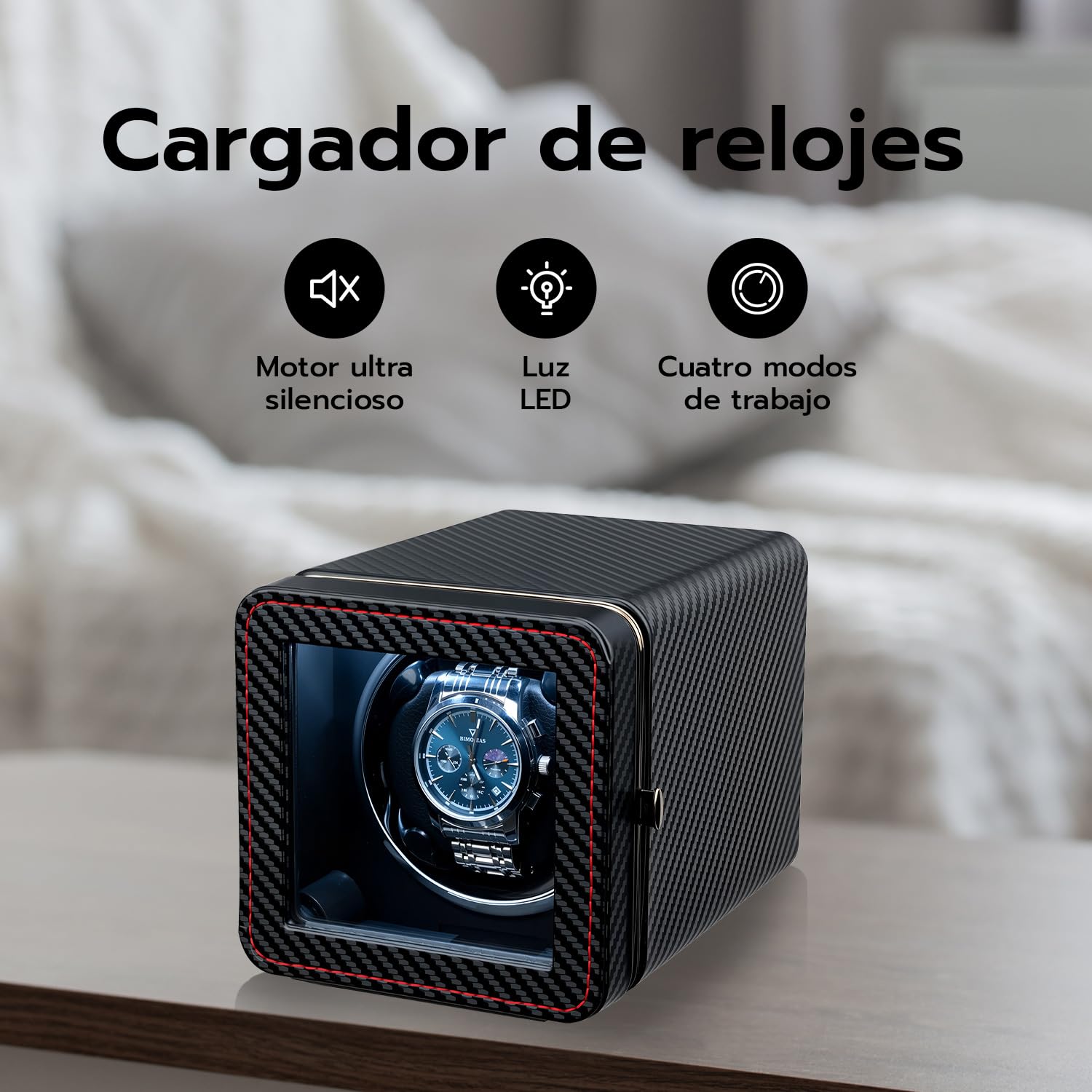Mcbazel Enrollador de Relojes Automático con Luz LED – Watch Winder Caja Giratoria para un Solo Reloj, Motor Silencioso, 4 Modos de Rotación, Caja de Reloj en Piel PU - Fibra de Carbono