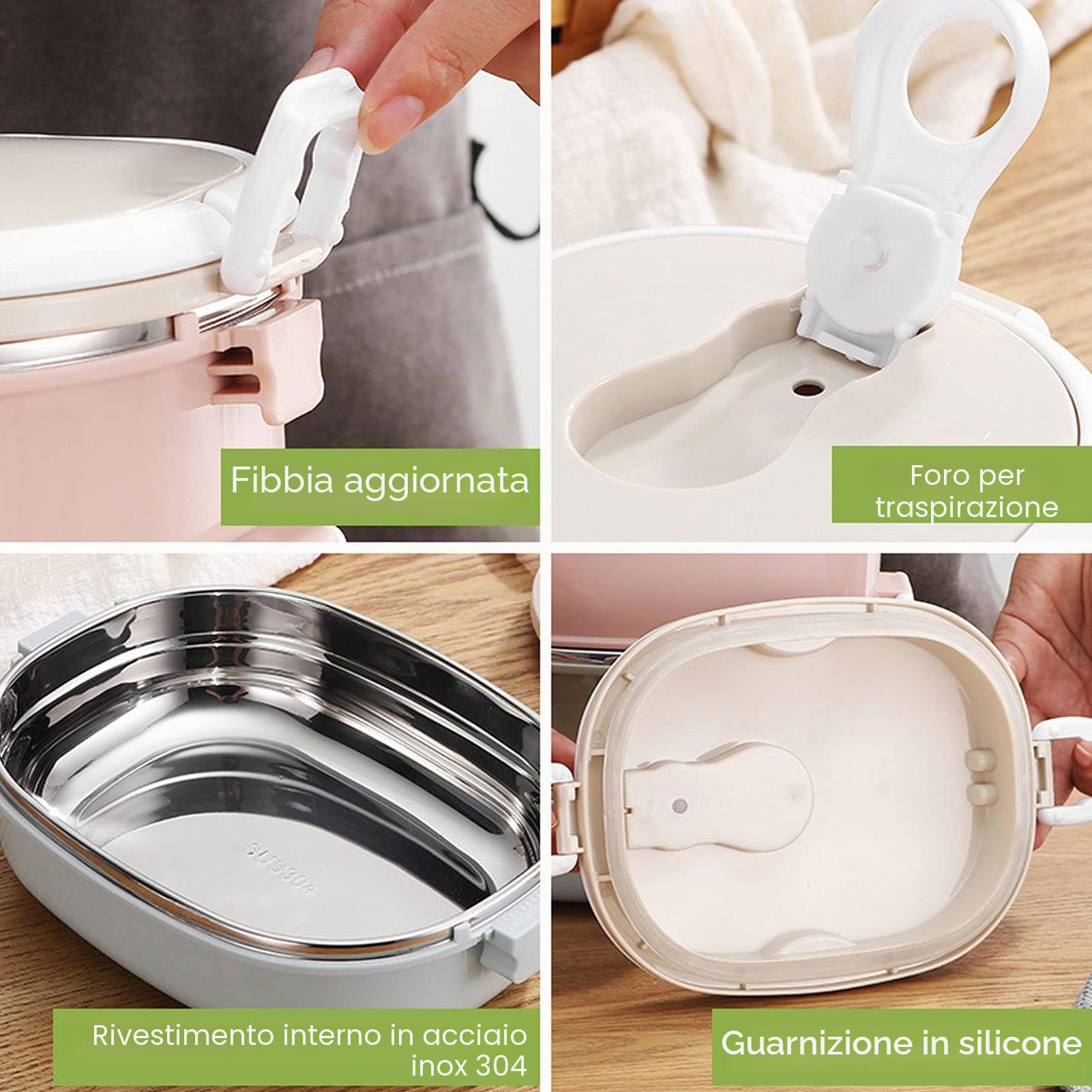 Portapranzo termico acciaio inox 304, 3 strati, design nordico | Contenitore con chiusura di sicurezza,材质 in polipropilene alimentare, manico nascosto portatile, ideale per scuola e uff