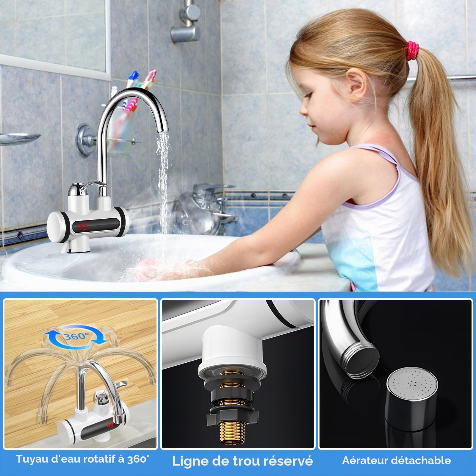 Robinet d'eau chaude instantané 230 V, 3000 W, chauffe-eau électrique avec affichage numérique LED, robinet chauffant électrique rotatif à 360° en acier inoxydable pour cuisine, salle de bain et
