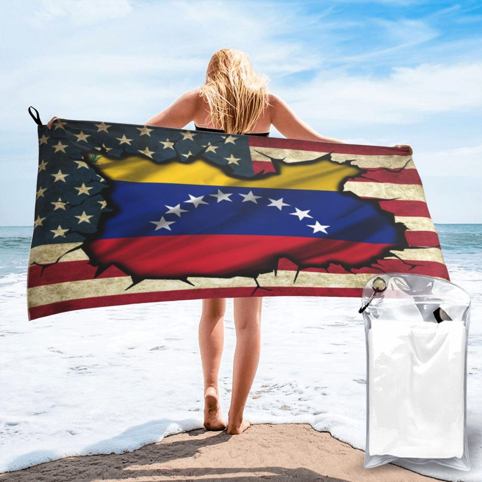 HACXZ Vintage America Flag and Venezuela Flag Absorbent Beach Towel Microfiber Beach Towel Lightweight 31.5"X63"