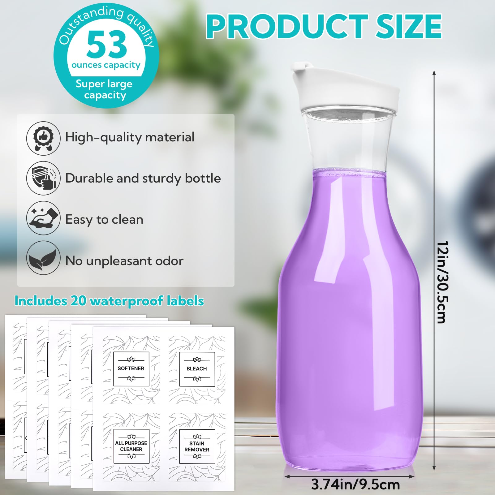 Confezione da 4 dispenser per detersivo per bucato, in plastica, da 1502,5 g, con 20 etichette per organizzare la lavanderia, per polvere liquida, candeggina, profumo, perline, sapone e ammorbidente