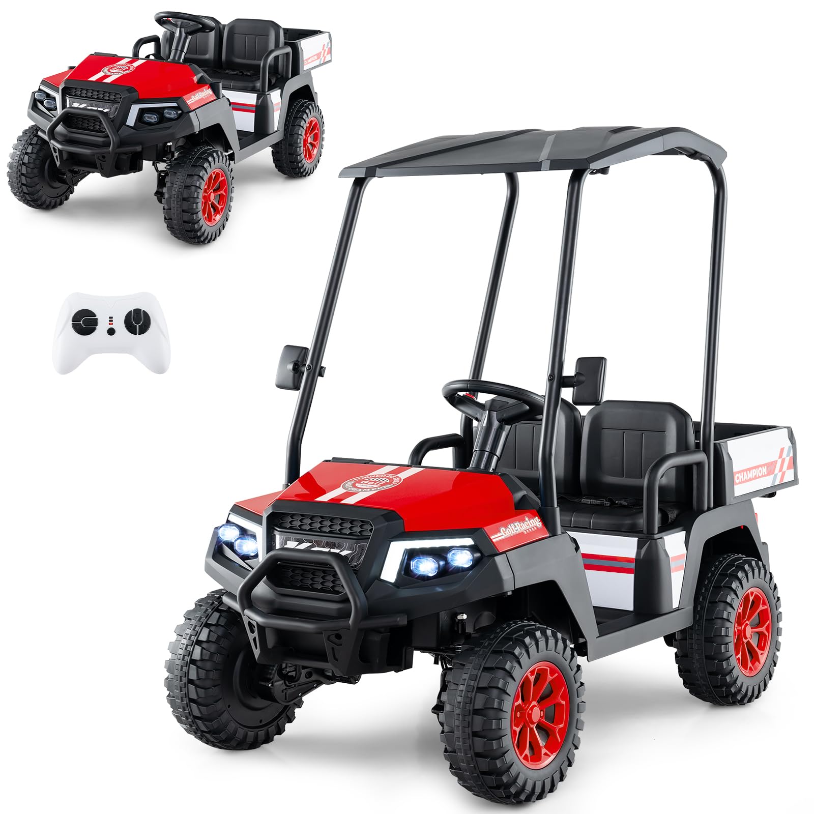 COSTWAY 24V Kids Ride on Car, 2 Seater Electric Toy Vehicle Golf Cart with Remote Control, Sun Shade, Dump Bed, LED Lights, Realistic Sounds, Wireless Connection, for Boys & Girls 3+ (Red)