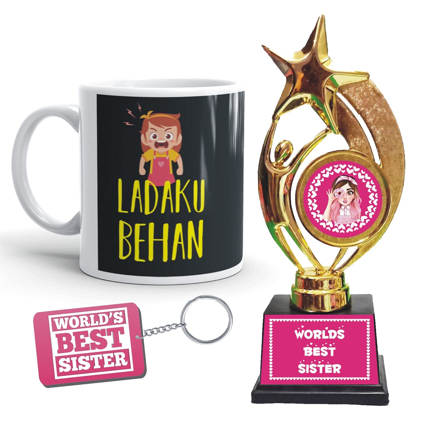 Birthday Gift for Sister Ladaku Behan Coffee Mug with Trophy and Keychain | Bhaidooj Gifts for Sister