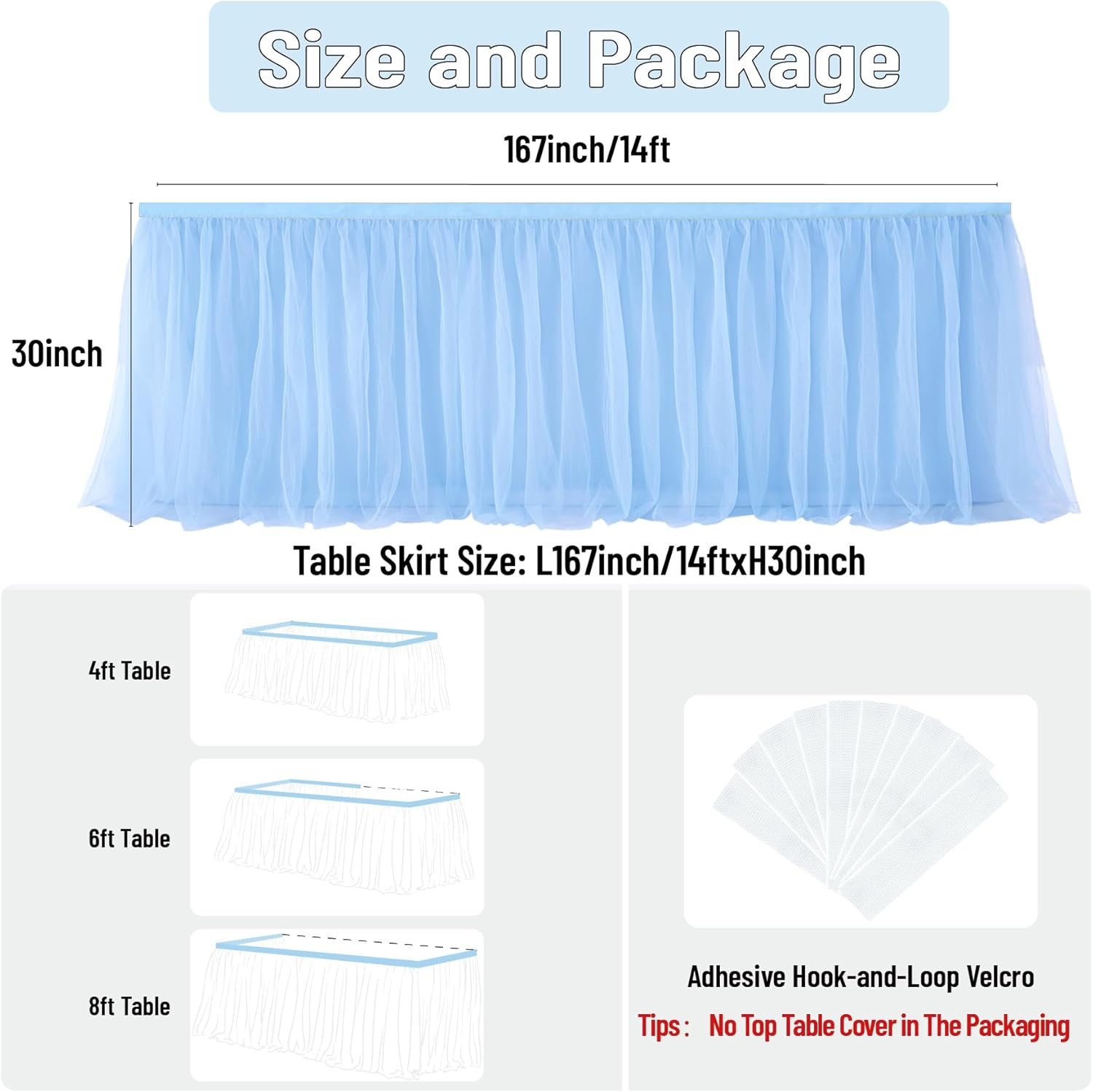 167in Baby Blue Tulle Table Skirts for Rectangle Tables 6/8ft, 2-Layer Gold Grim Ruffle Tulle Tutu Blue Cloth Table Skirt 14ft Decor Boy Birthday Party Baby Shower Cake Dessert Tables(No Table Cover)