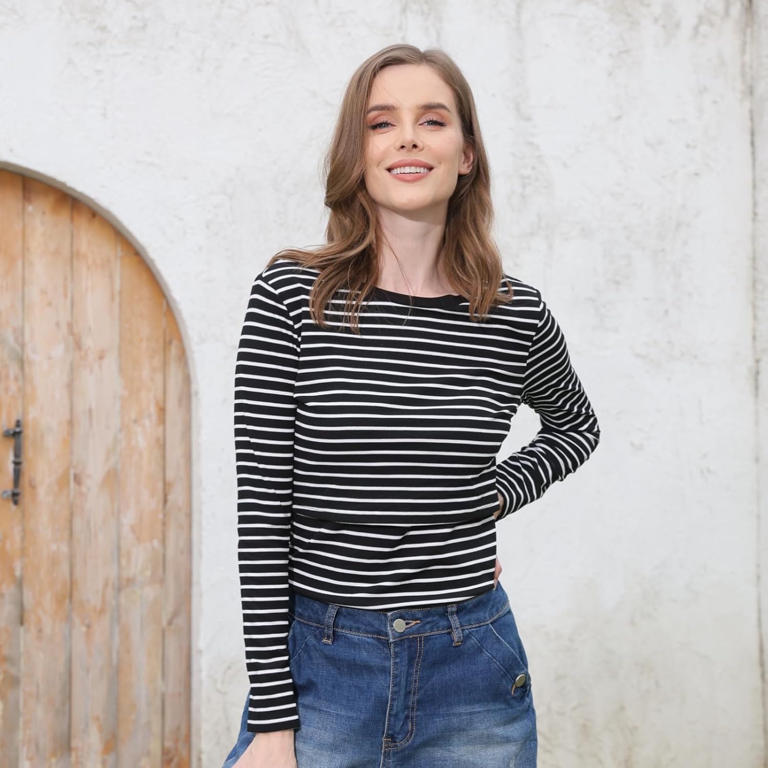 Liu & Qu Women's Nursing Tops Ribbed Long Sleeves Maternity Shirts Double Layer Breastfeeding Shirts Pregnancy Clothes 3 Pack - Image 2